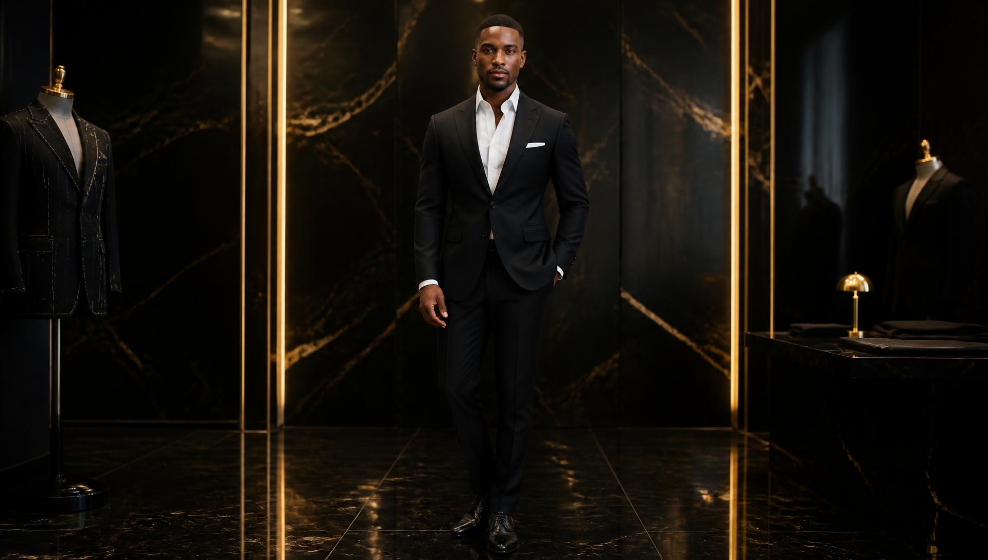 A South African gentleman in a bespoke black suit against an obsidian and gold backdrop