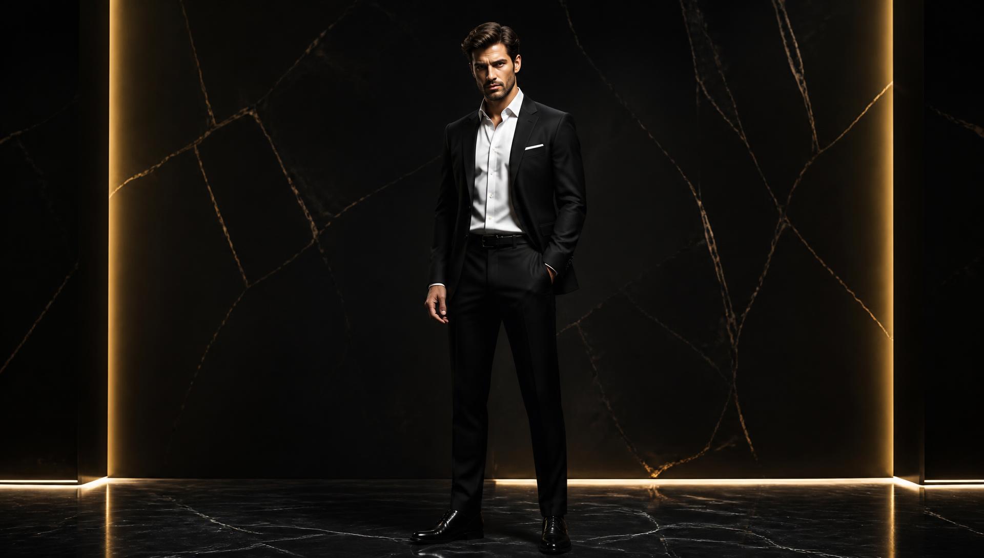 A gentleman in a bespoke black suit against an obsidian and gold backdrop